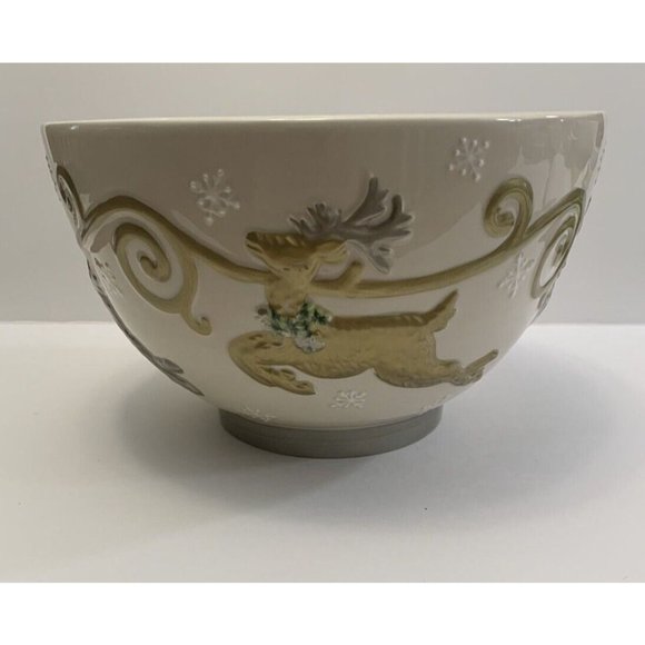 Cheryl & Company Holiday Serving Bowl Embossed Gold Silver Reindeer Snowflakes - Picture 3 of 9